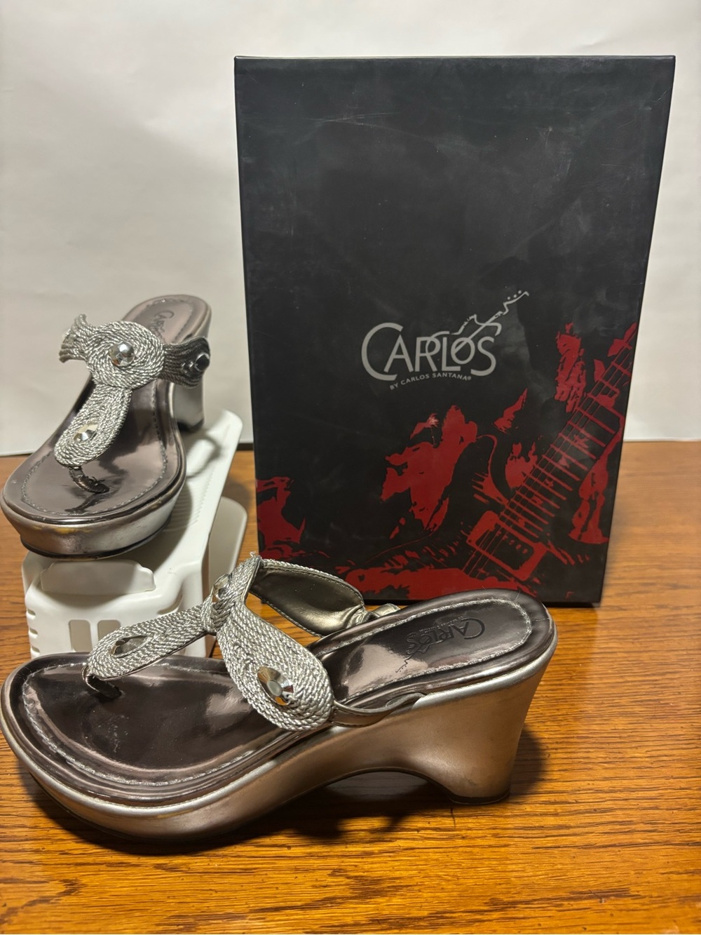 Carlos Santana Metallic Silver Braided Wedge Sandals